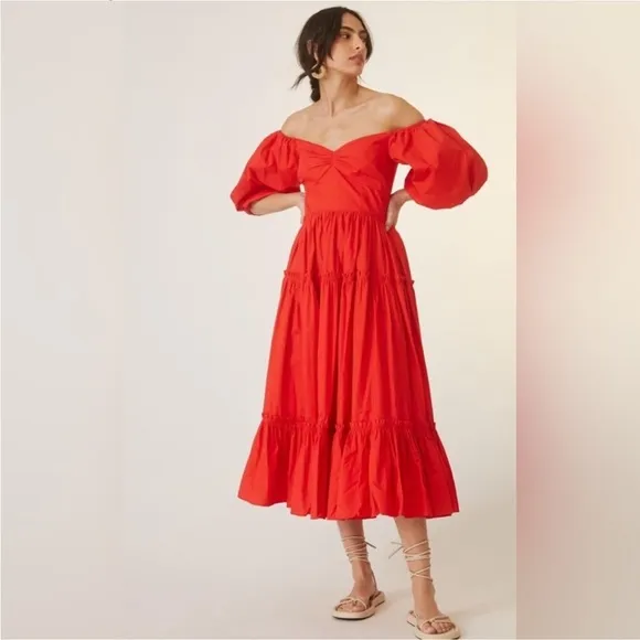 Anthropologie Atsu Off-The-Shoulder Poplin Midi Dress Red