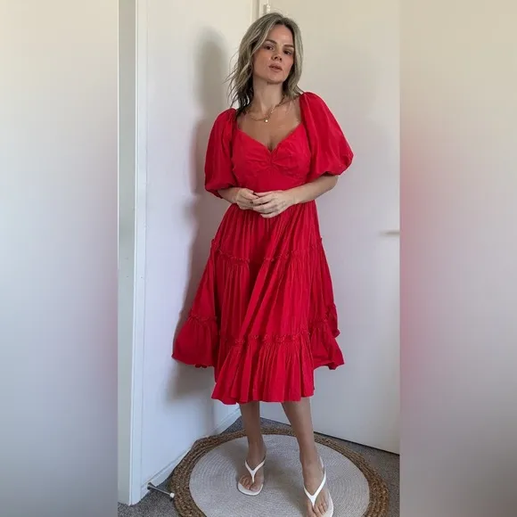 Anthropologie Atsu Off-The-Shoulder Poplin Midi Dress Red