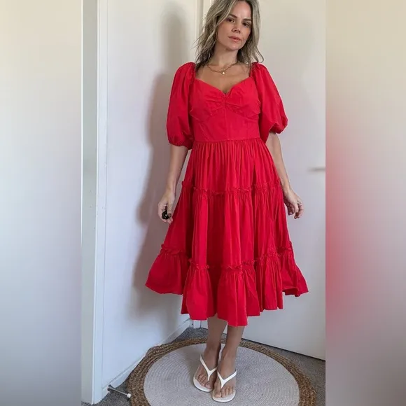 Anthropologie Atsu Off-The-Shoulder Poplin Midi Dress Red