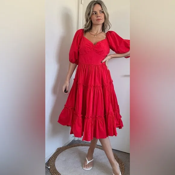 Anthropologie Atsu Off-The-Shoulder Poplin Midi Dress Red