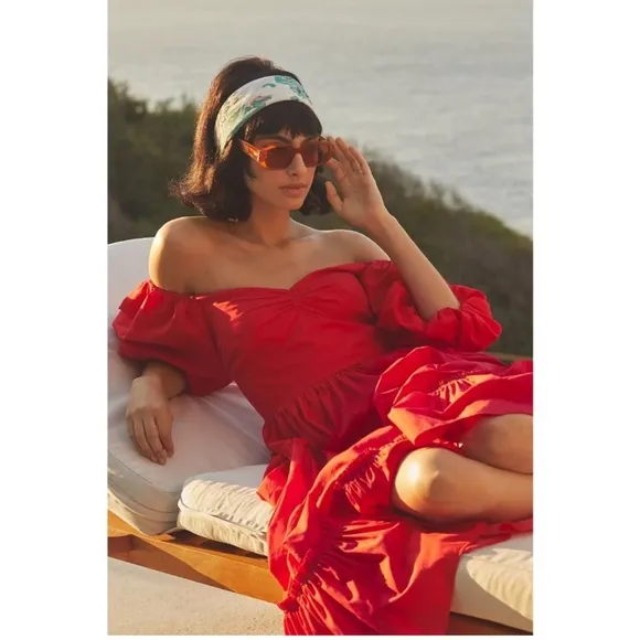 Anthropologie Atsu Off-The-Shoulder Poplin Midi Dress Red
