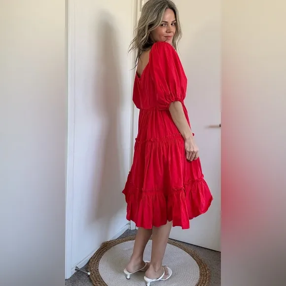 Anthropologie Atsu Off-The-Shoulder Poplin Midi Dress Red