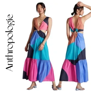 Anthropologie Multicolor Flounced Cut-Out Maxi Dress Dress Sz 6P NWT