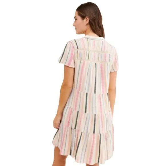 ANTHROPOLOGIE Short Sleeve Georgina Tiered Striped Shirt Dress Womens (M-Petite)