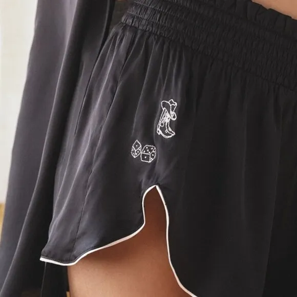 Anthropologie Silky Ruffle Pajama Shorts In Black With Western Motif Size XL NWT