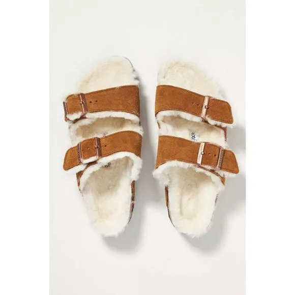 Anthropologie x Birkenstock Arizona Shearling-Lined Suede Leather Sandals Mink