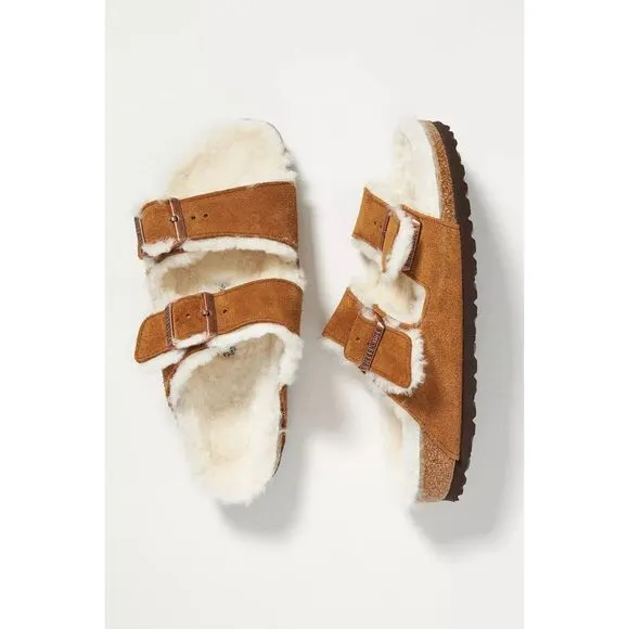 Anthropologie x Birkenstock Arizona Shearling-Lined Suede Leather Sandals Mink
