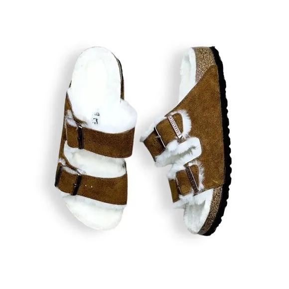 Anthropologie x Birkenstock Arizona Shearling-Lined Suede Leather Sandals Mink