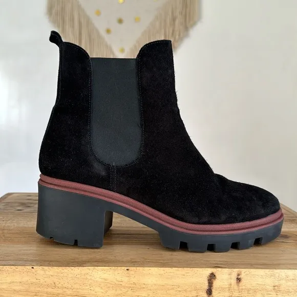 Antonia De Faria Tara Chelsea Black Suede Leather Lug Block Heel Boot Size 9