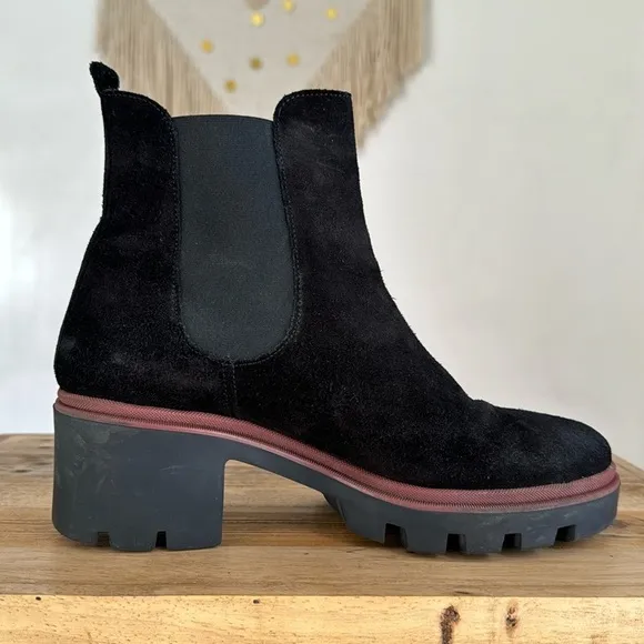Antonia De Faria Tara Chelsea Black Suede Leather Lug Block Heel Boot Size 9