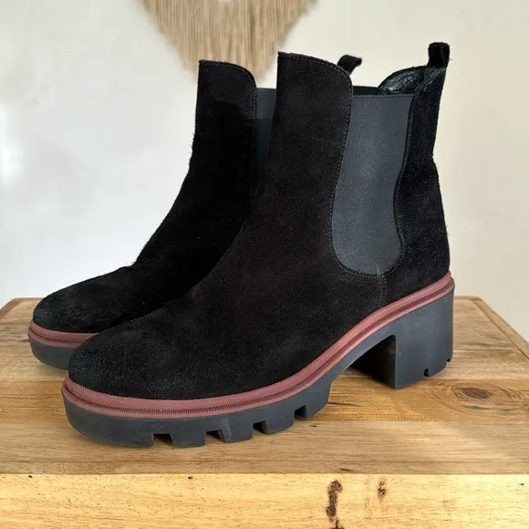 Antonia De Faria Tara Chelsea Black Suede Leather Lug Block Heel Boot Size 9