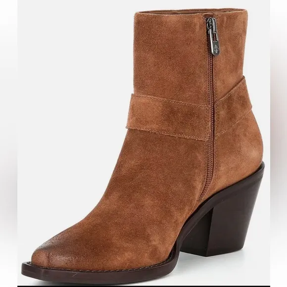Antonio Melani 5.5 Tabbie Oiled Suede Mid Heeled Western Buckle Boots Pecan Pie
