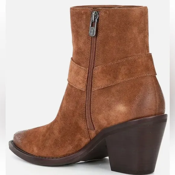 Antonio Melani 5.5 Tabbie Oiled Suede Mid Heeled Western Buckle Boots Pecan Pie