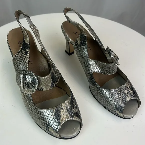 Anyi Lu Silver Comfort Couture Metallic Tulip Pump Slingback Snake Sandals