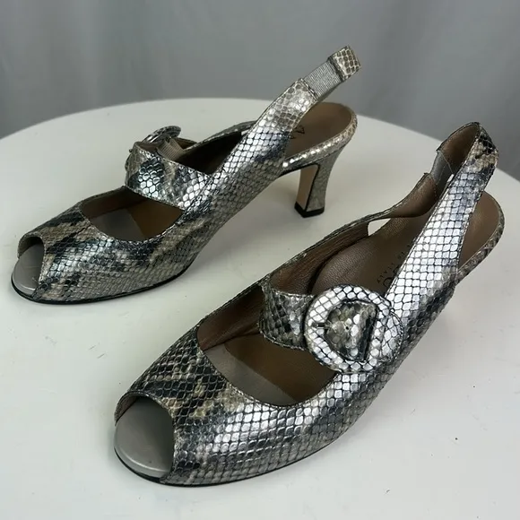 Anyi Lu Silver Comfort Couture Metallic Tulip Pump Slingback Snake Sandals