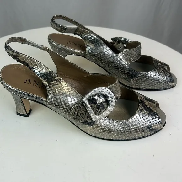 Anyi Lu Silver Comfort Couture Metallic Tulip Pump Slingback Snake Sandals