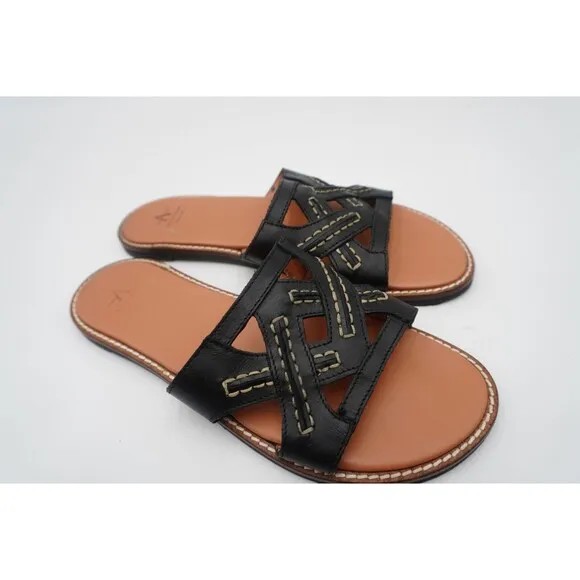 Aquatalia Andi Black Cutout Contrast Stitching Leather Slide Sandals Size 8.5