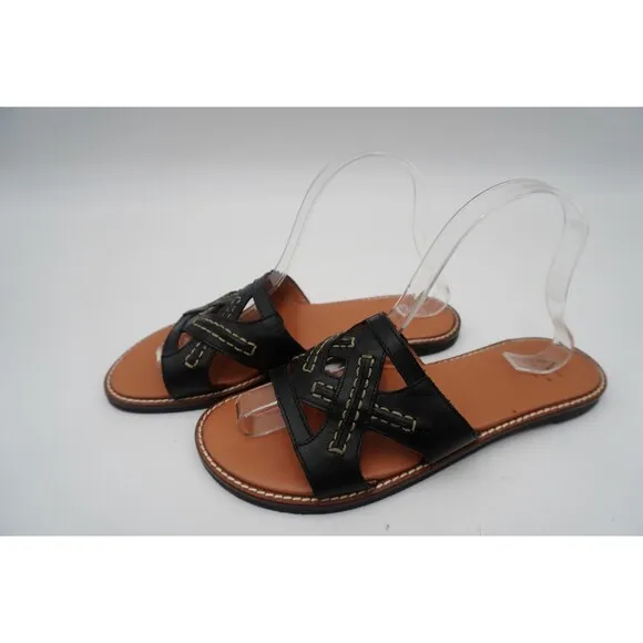 Aquatalia Andi Black Cutout Contrast Stitching Leather Slide Sandals Size 8.5