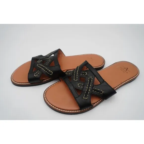 Aquatalia Andi Black Cutout Contrast Stitching Leather Slide Sandals Size 8.5