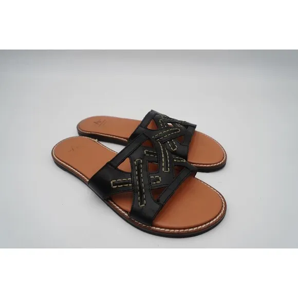 Aquatalia Andi Black Cutout Contrast Stitching Leather Slide Sandals Size 8.5