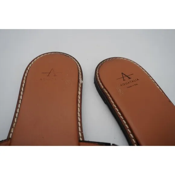 Aquatalia Andi Black Cutout Contrast Stitching Leather Slide Sandals Size 8.5