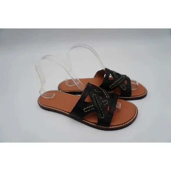 Aquatalia Andi Black Cutout Contrast Stitching Leather Slide Sandals Size 8.5