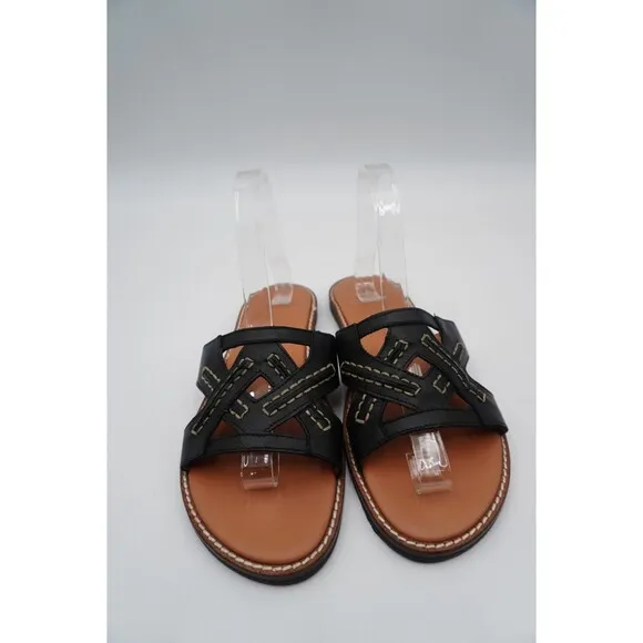 Aquatalia Andi Black Cutout Contrast Stitching Leather Slide Sandals Size 8.5
