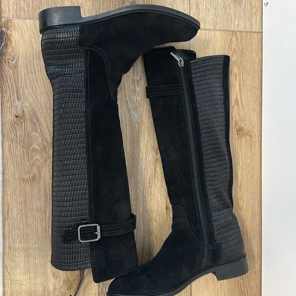 Aquatalia Black Suede Gael Stretch Back Knee High Riding Boots 7.5