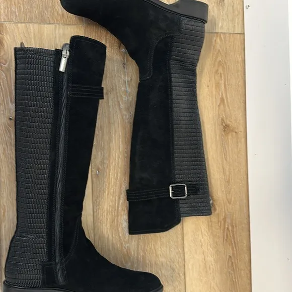 Aquatalia Black Suede Gael Stretch Back Knee High Riding Boots 7.5