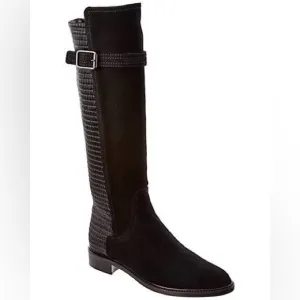 Aquatalia Black Suede Gael Stretch Back Knee High Riding Boots 7.5