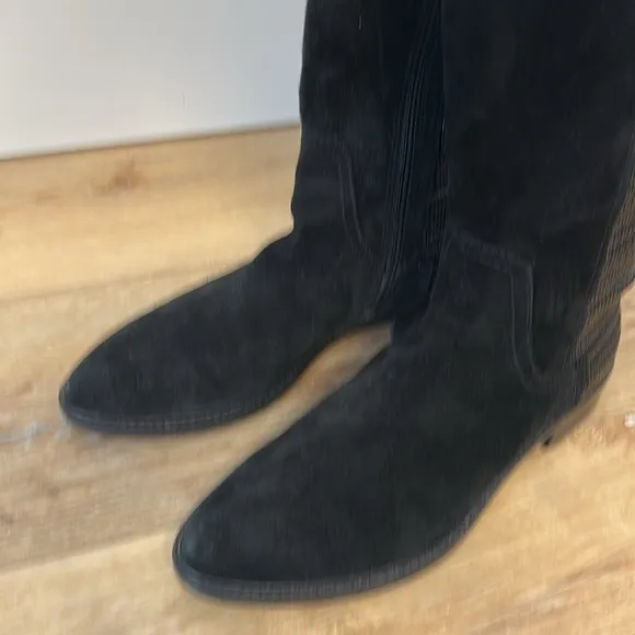 Aquatalia Black Suede Gael Stretch Back Knee High Riding Boots 7.5