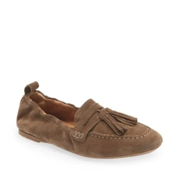 Aquatalia JOURNEE TASSEL LEATHER LOAFERS IN TAUPE Sz 8