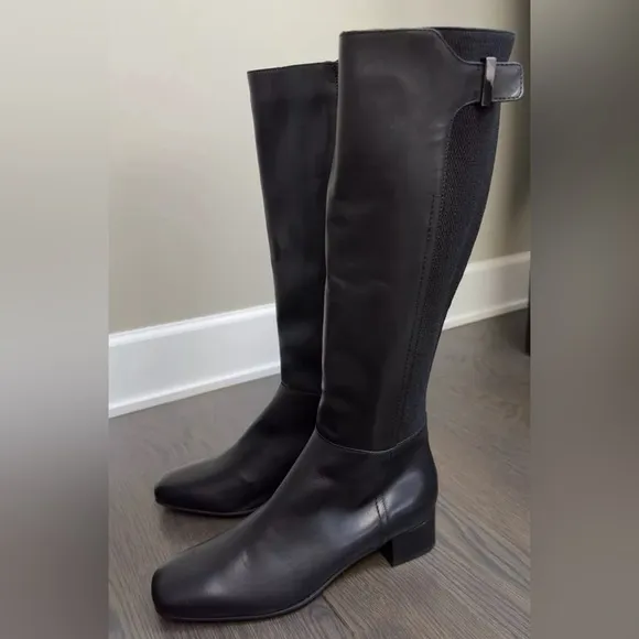 Aquatalia knee high leather riding boots Calf/Elastic Black Leather Sz 8.5