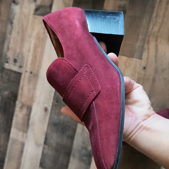 Aquatalia Made In Italy Carmeline   Maroon Heeled Suede Leather Loafers Sz 7 Wom