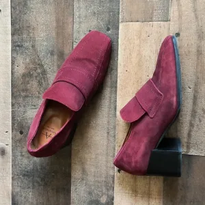 Aquatalia Made In Italy Carmeline   Maroon Heeled Suede Leather Loafers Sz 7 Wom