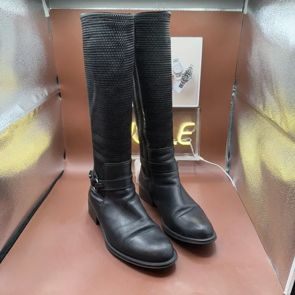 AQUATALIA ODILIA Leather Stretch Knee High Calf Buckle Zip Riding Boots Size 10