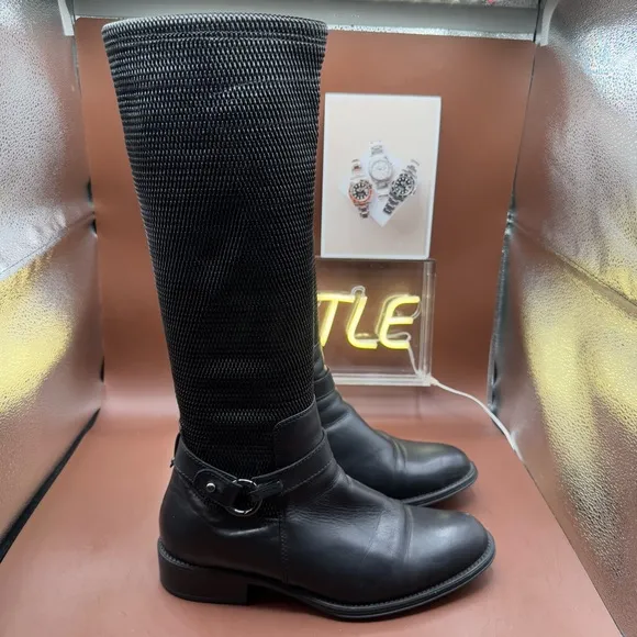 AQUATALIA ODILIA Leather Stretch Knee High Calf Buckle Zip Riding Boots Size 10