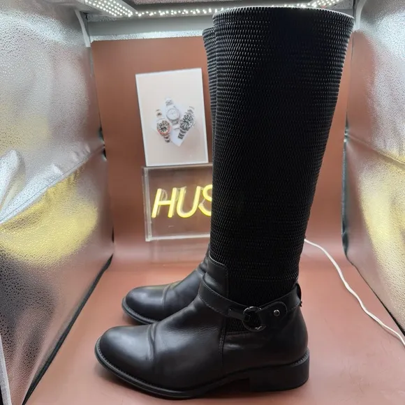 AQUATALIA ODILIA Leather Stretch Knee High Calf Buckle Zip Riding Boots Size 10