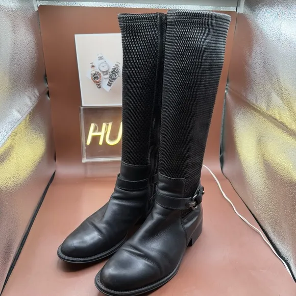 AQUATALIA ODILIA Leather Stretch Knee High Calf Buckle Zip Riding Boots Size 10