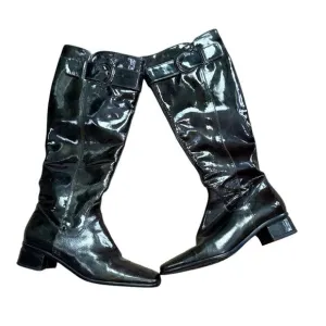 Aquatalia Deep Green Patent Leather Designer Riding Boots