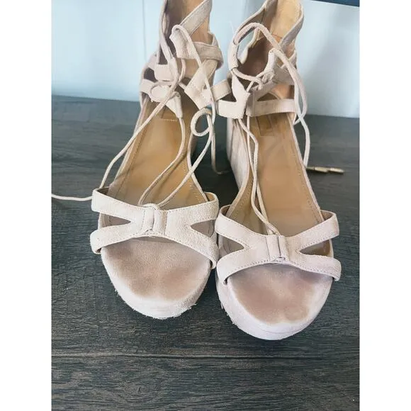 Aquazzura Beverly Hills Beige Suede Wedge Strappy Sandals Wedges Size 38 7.5