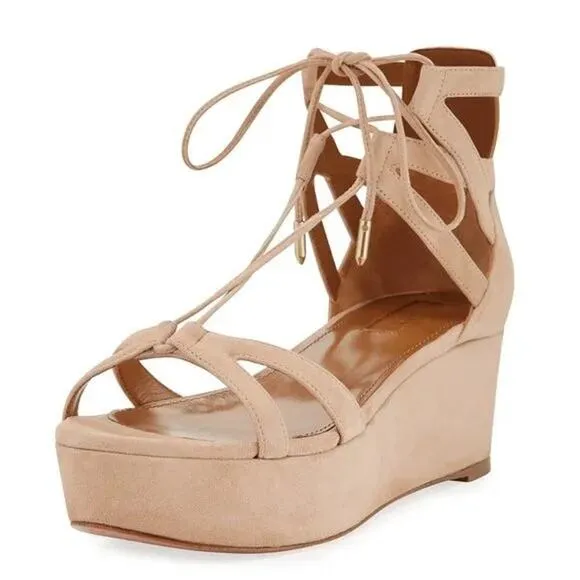 Aquazzura Beverly Hills Beige Suede Wedge Strappy Sandals Wedges Size 38 7.5