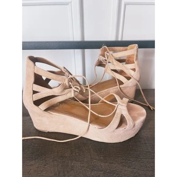 Aquazzura Beverly Hills Beige Suede Wedge Strappy Sandals Wedges Size 38 7.5
