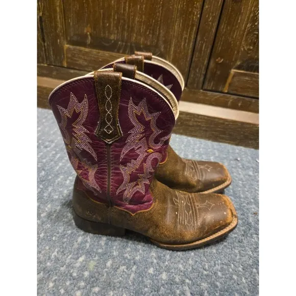 ARIAT Purple Womens Boots Size 4‎ Tombstone Western Square Toe Leather Flames