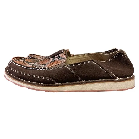 ARIAT Women’s Brown Suede Pink Snakeskin Slip On Loafers Size 11