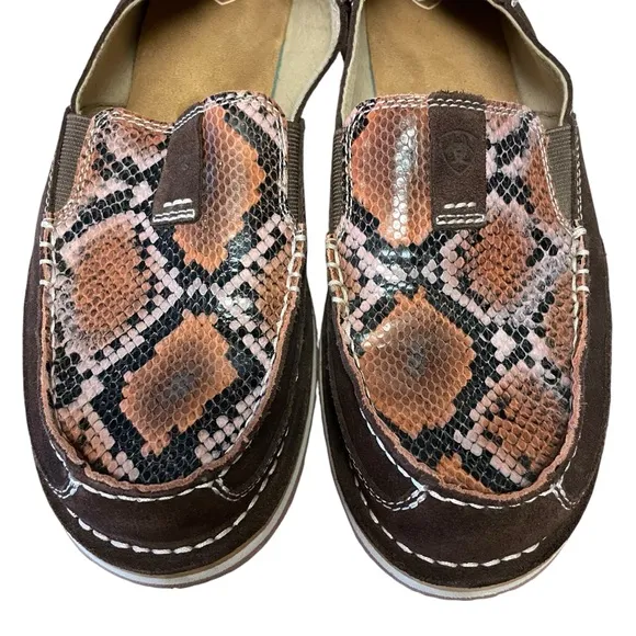 ARIAT Women’s Brown Suede Pink Snakeskin Slip On Loafers Size 11