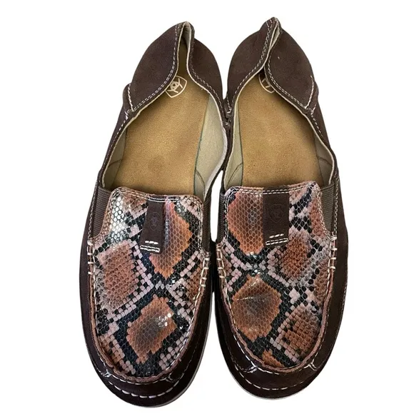 ARIAT Women’s Brown Suede Pink Snakeskin Slip On Loafers Size 11