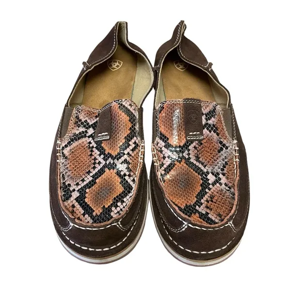 ARIAT Women’s Brown Suede Pink Snakeskin Slip On Loafers Size 11