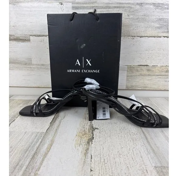 Armani Exchange womens 6 black leather strappy sandals new buckle heel square