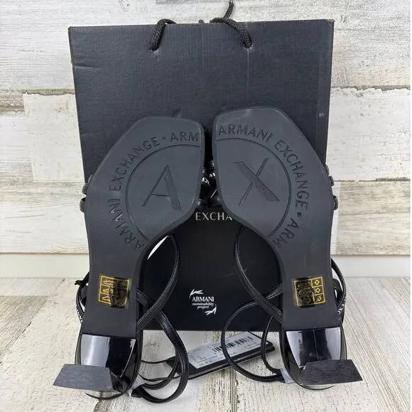 Armani Exchange womens 6 black leather strappy sandals new buckle heel square